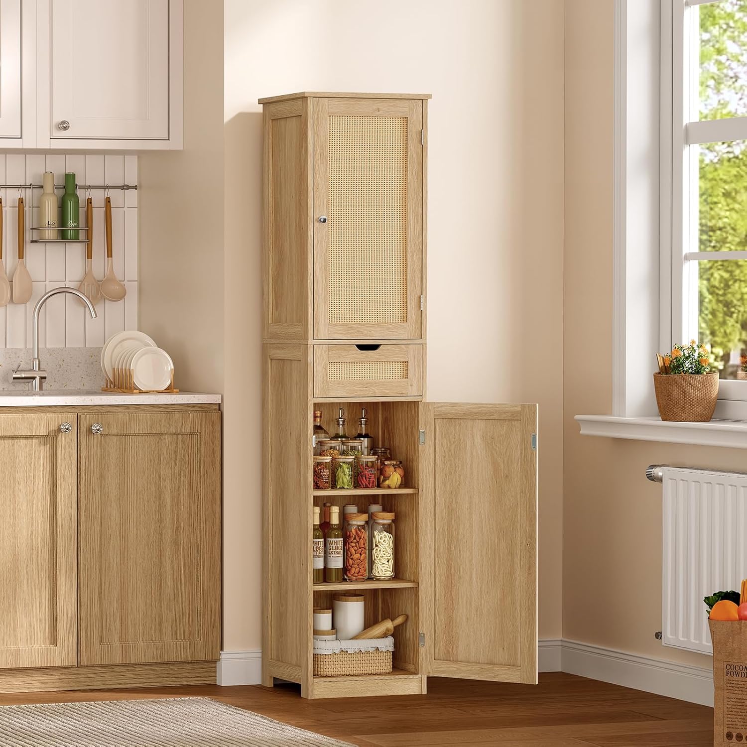 67" H Tall Storage Cabinet with 2 Rattan Doors and 1 Drawer, Narrow Rattan Cabinet with Adjustable Shelves