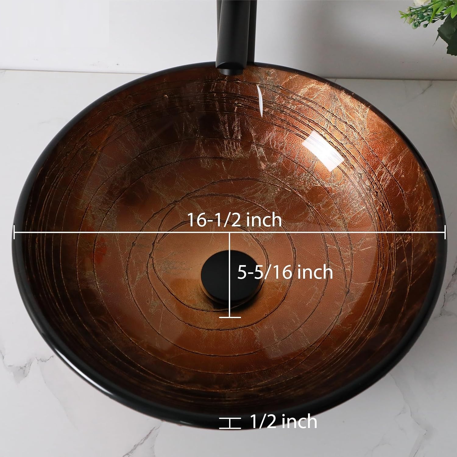 17" Brown Glass Vessel Sink With Faucet And Drain Combo Modern Round Shape Artistic Basin Bathroom Vessel Sink