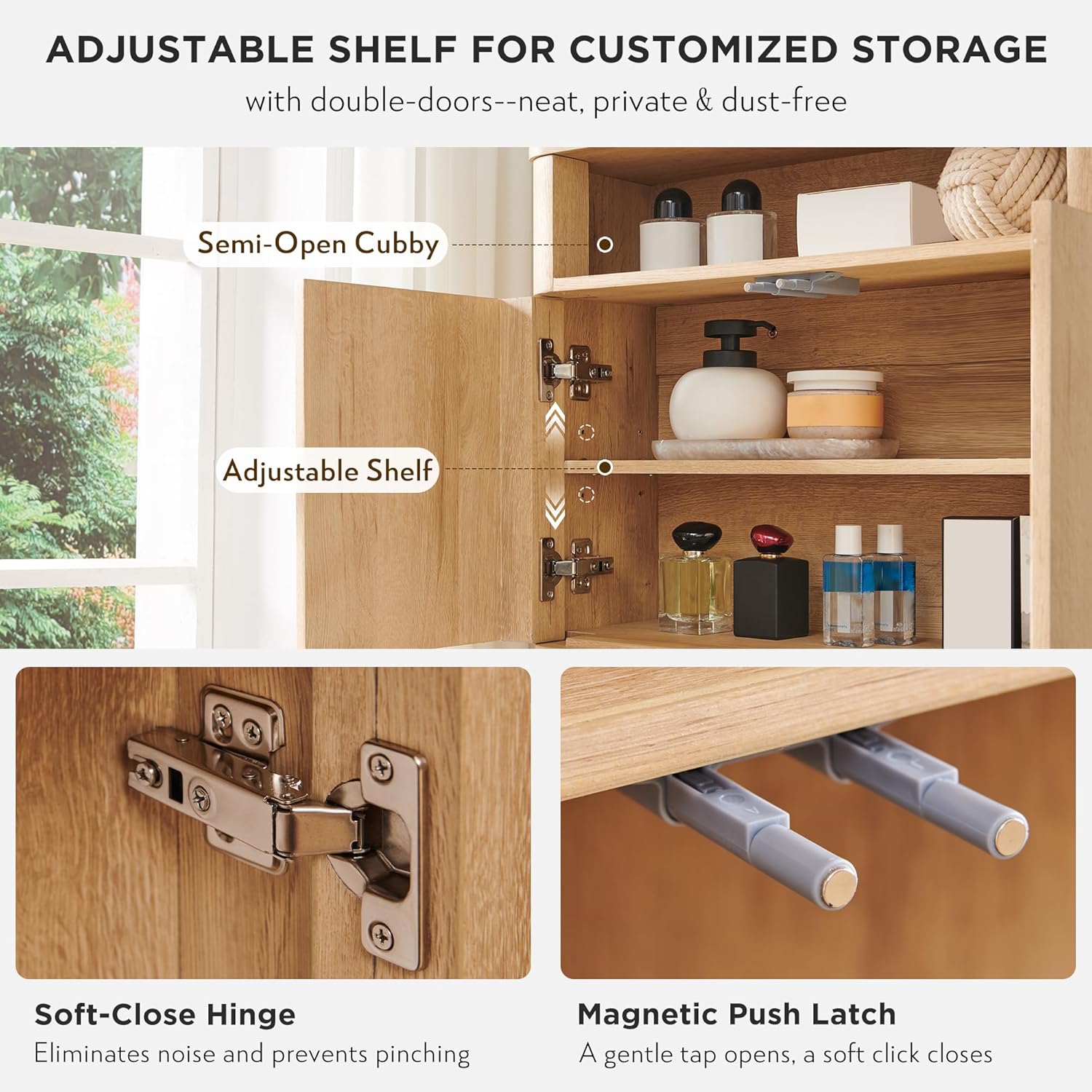 Modern Minimalist Bathroom Medicine Cabinet with Adjustable Shelf, Sliding Drawer and Magnetic Push Latch, Above Toilet Wall Mounted Hanging Storage Cabinet