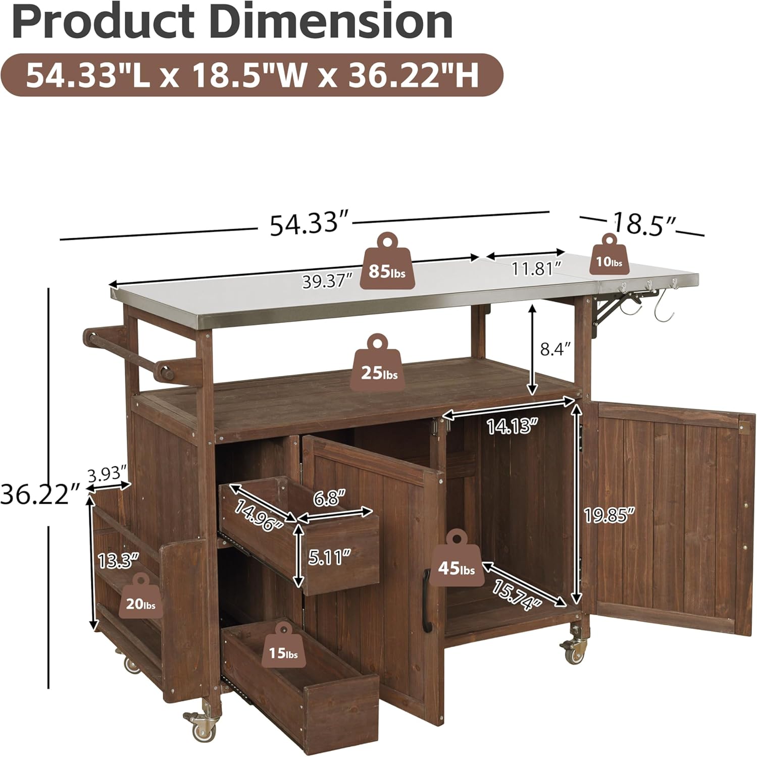 Rolling Outdoor Kitchen Cart with Stainless Steel Top& Solid Wood Frame