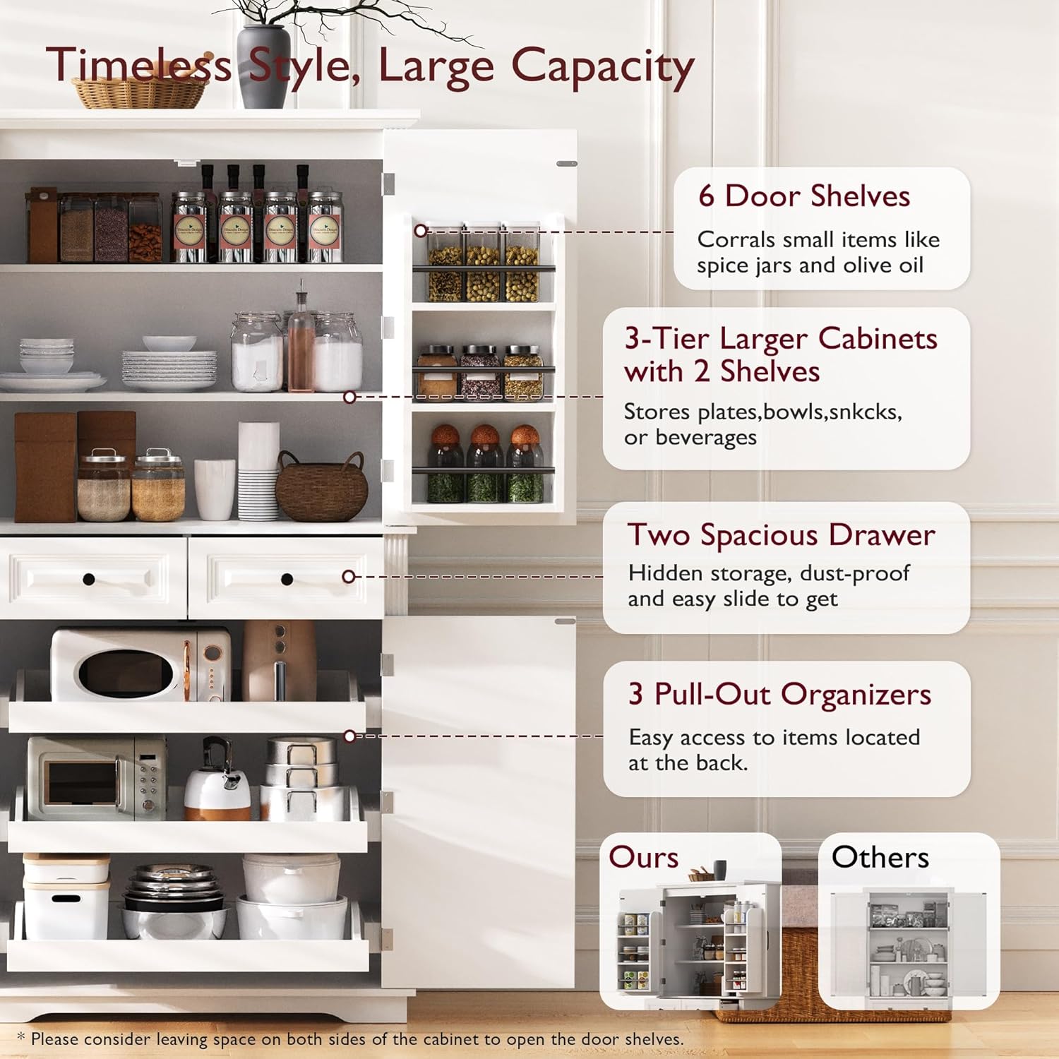 71" Tall Kitchen Pantry Cabinet With 3 Pull Out Cabinet Organizers