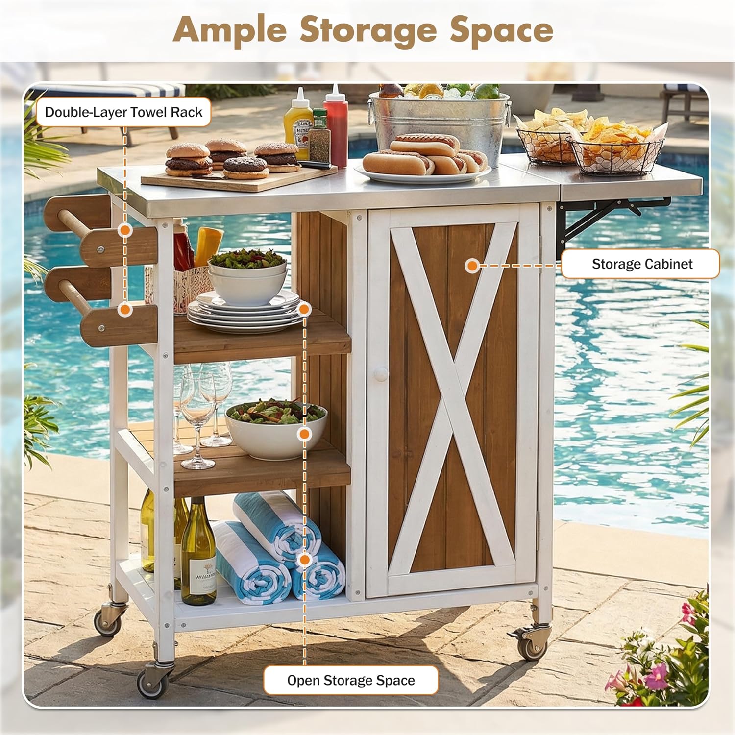 Foldable Outdoor Kitchen Cart with Storage Cabinet
