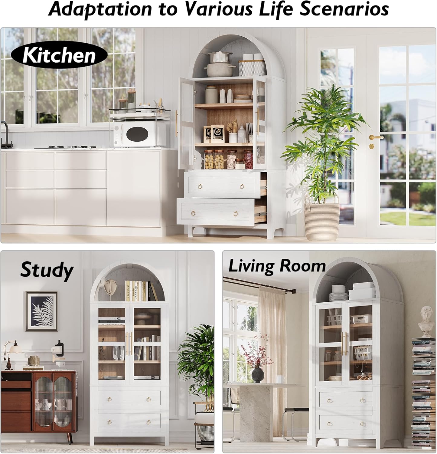 Farmhouse Wood Kitchen Storage Cabinet With Adjustable Shelves, Glass Door