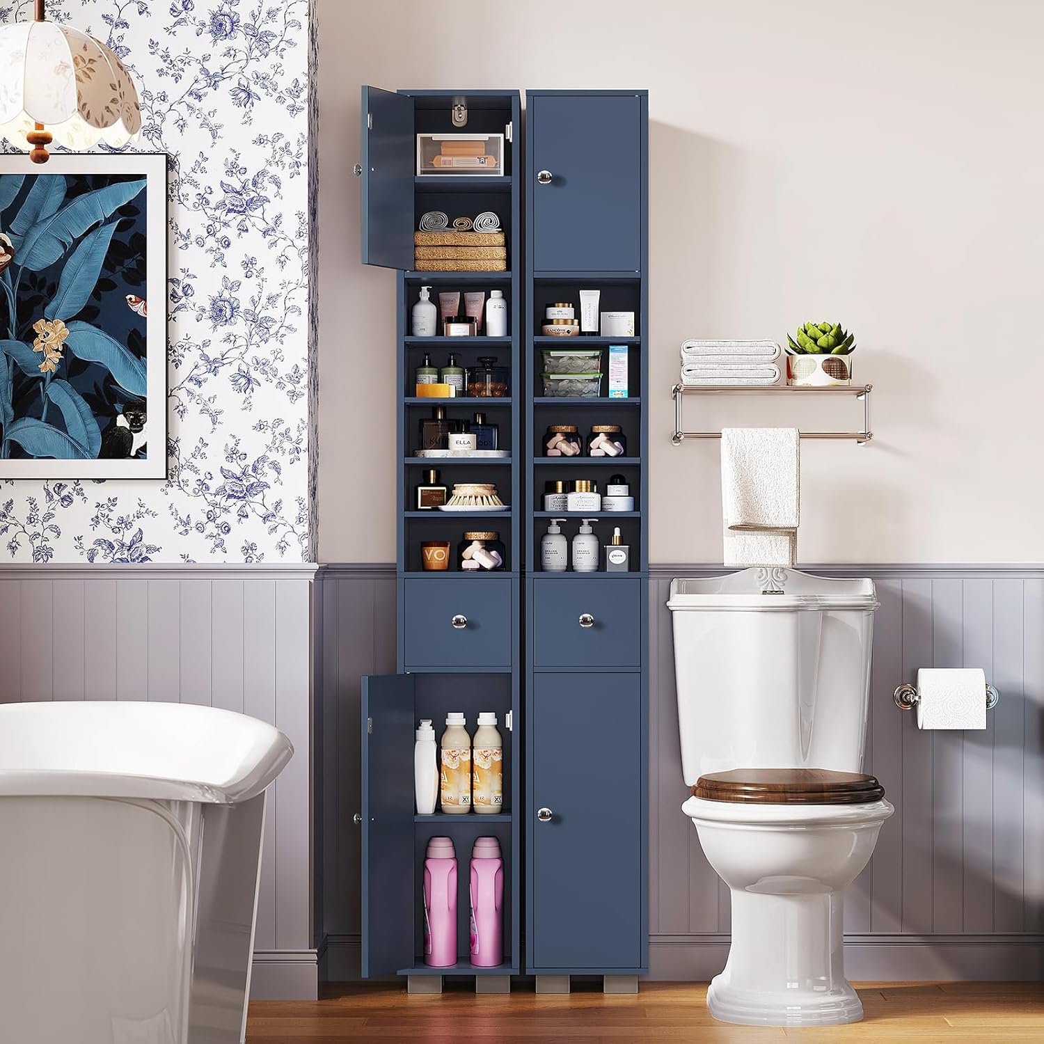 Narrow Bathroom Storage Cabinet with 5 Adjustable Shelves & Drawer, Freestanding Cupboard for Small Spaces