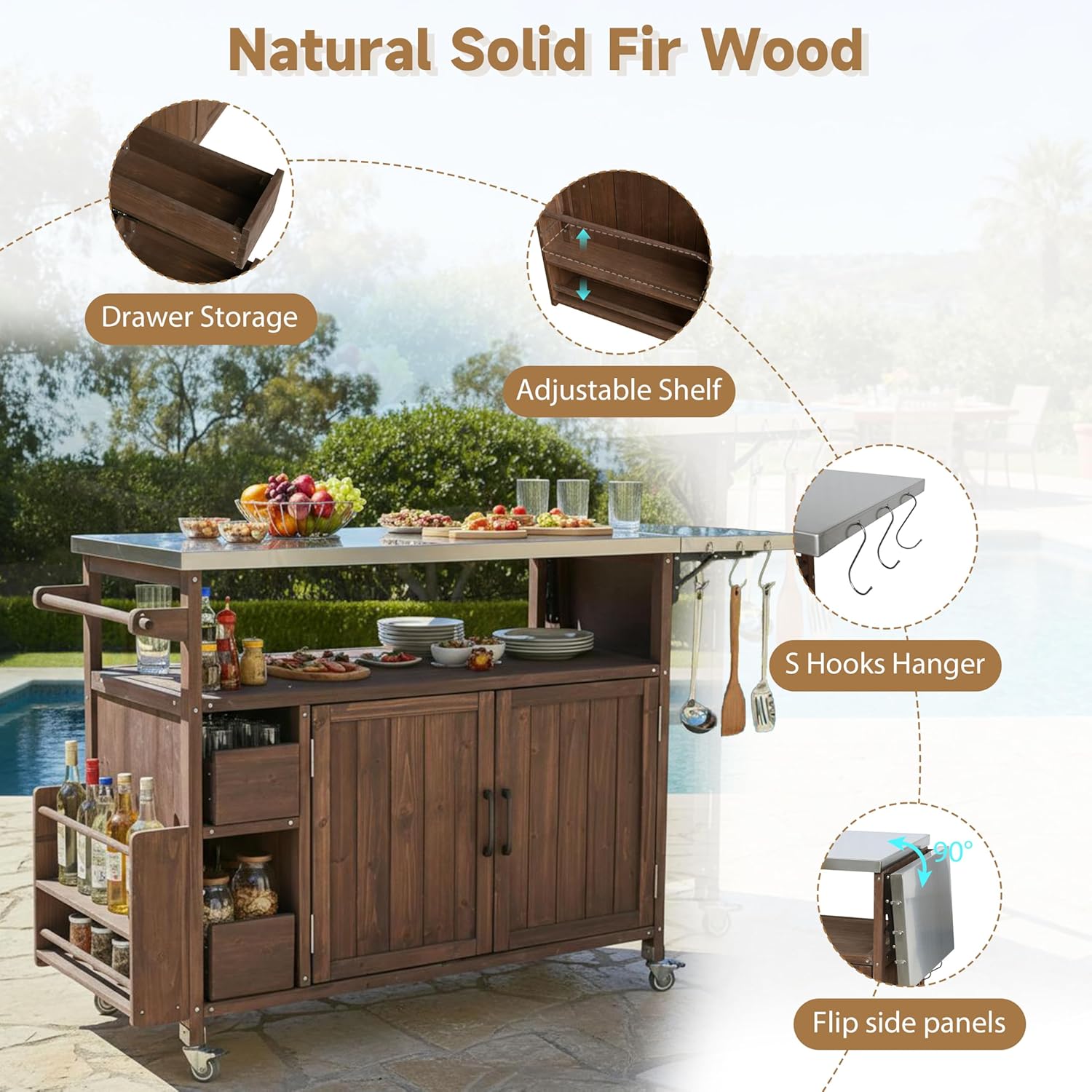 Rolling Outdoor Kitchen Cart with Stainless Steel Top& Solid Wood Frame