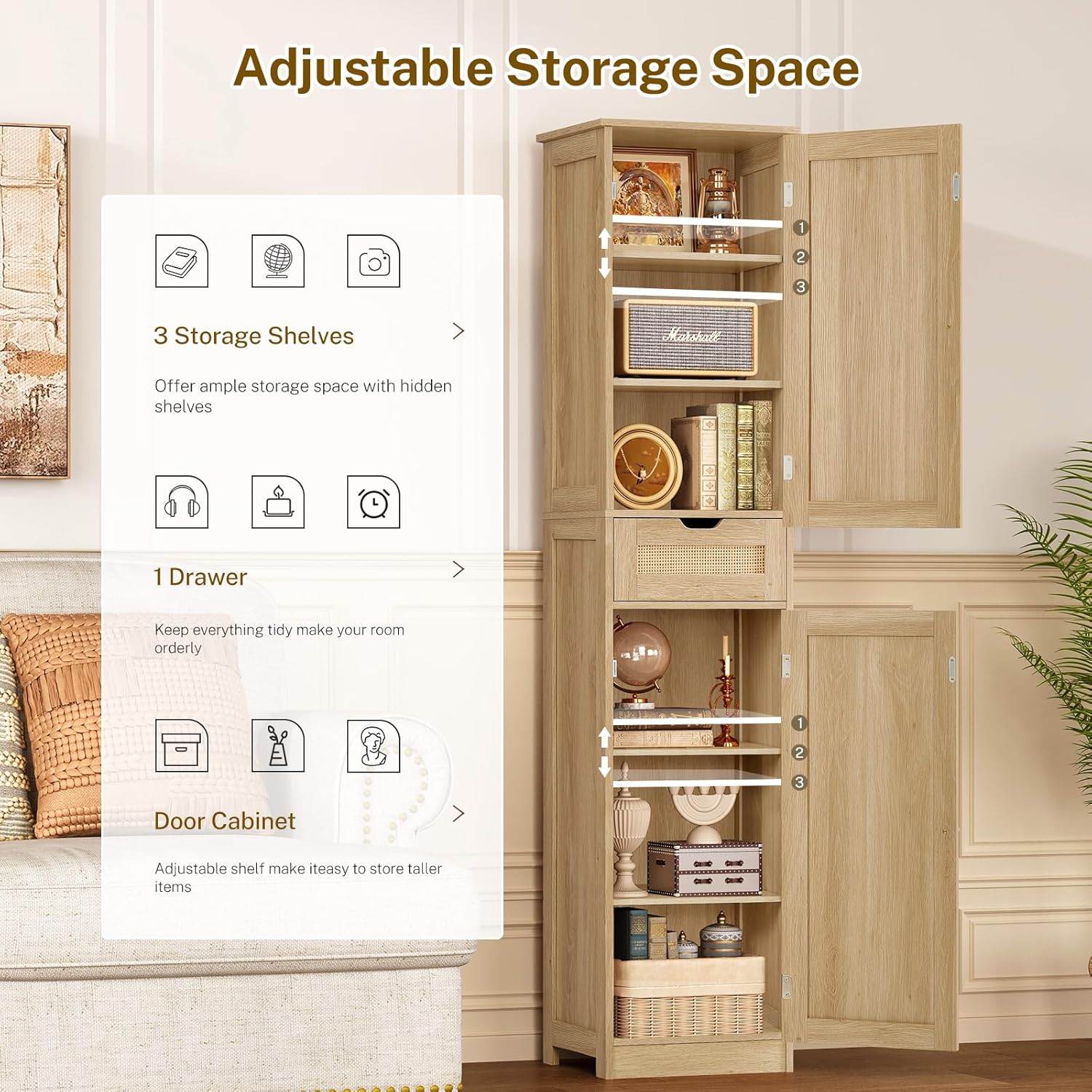 67" H Tall Storage Cabinet with 2 Rattan Doors and 1 Drawer, Narrow Rattan Cabinet with Adjustable Shelves