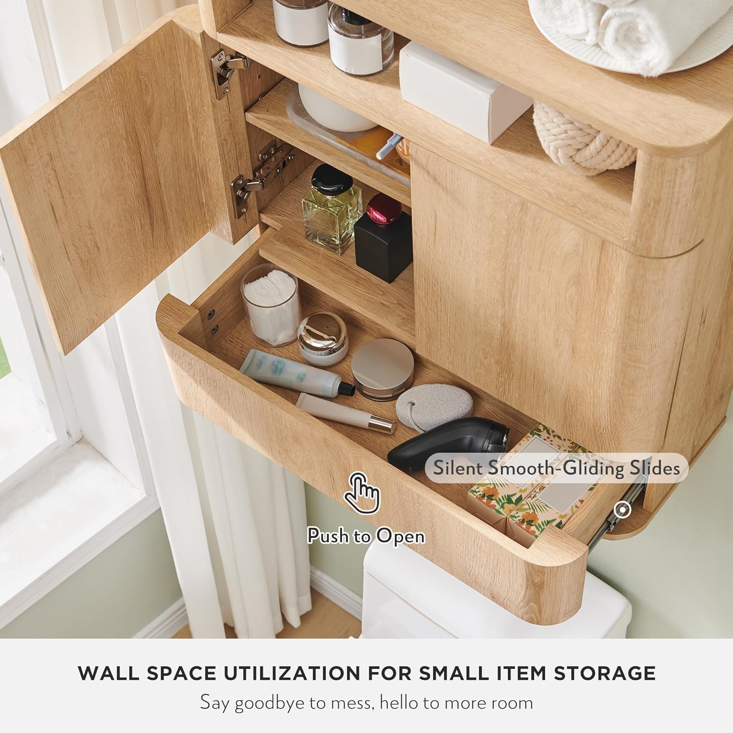 Modern Minimalist Bathroom Medicine Cabinet with Adjustable Shelf, Sliding Drawer and Magnetic Push Latch, Above Toilet Wall Mounted Hanging Storage Cabinet