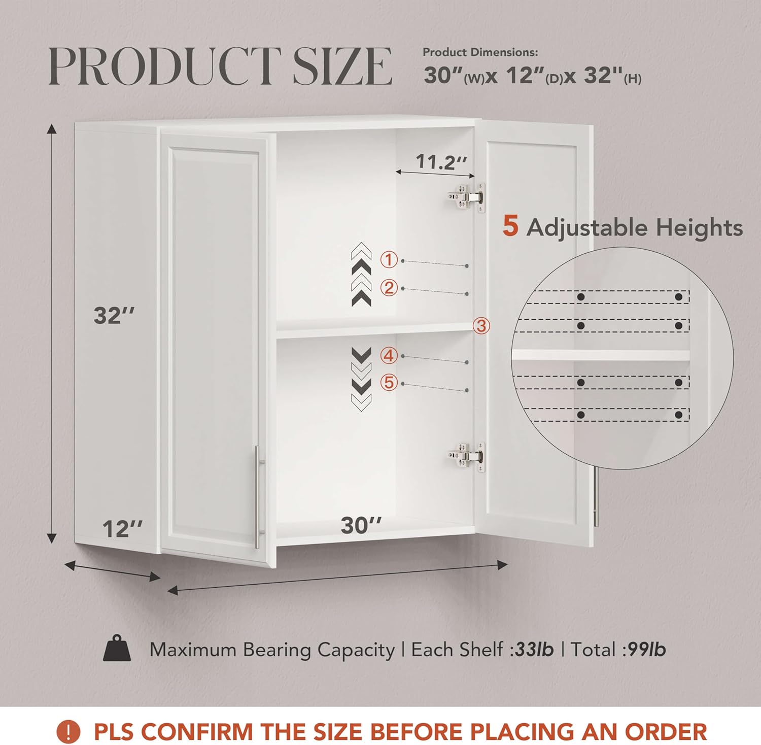 Laundry Room Cabinet 30’’x12’’x32’’, Kitchen Cabinet Wall Cabinets with Adjustable Shelves, Wall Cabinet Storage