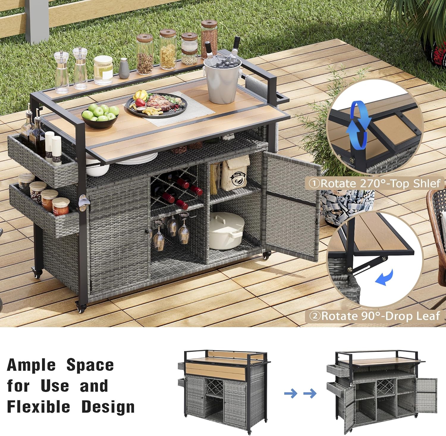 52.8" Outdoor Grill Cart with Storage Cabinet, Wicker Outdoor Kitchen Prep Station with Wheels