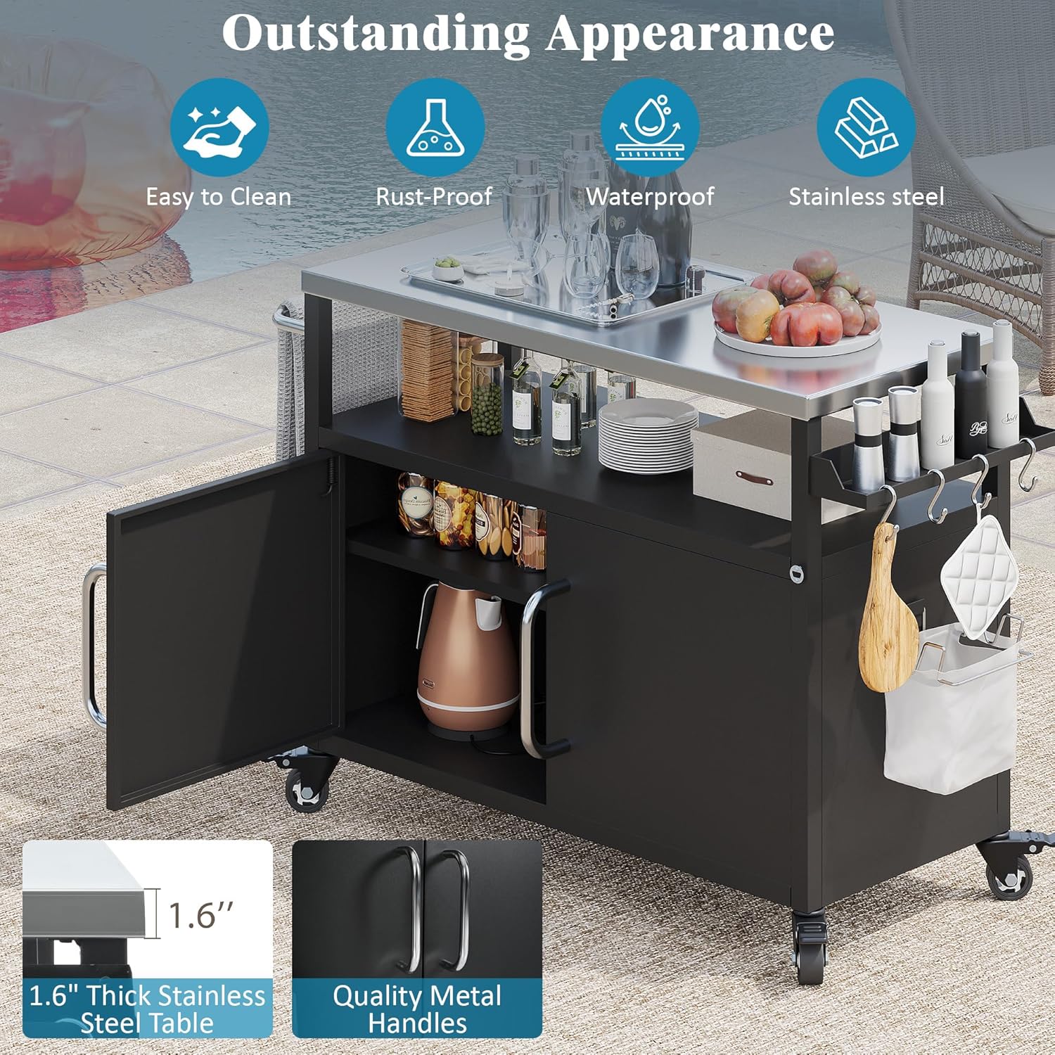 Metal Grill Cart Table with Movable Universal Wheels and Stainless Steel Top