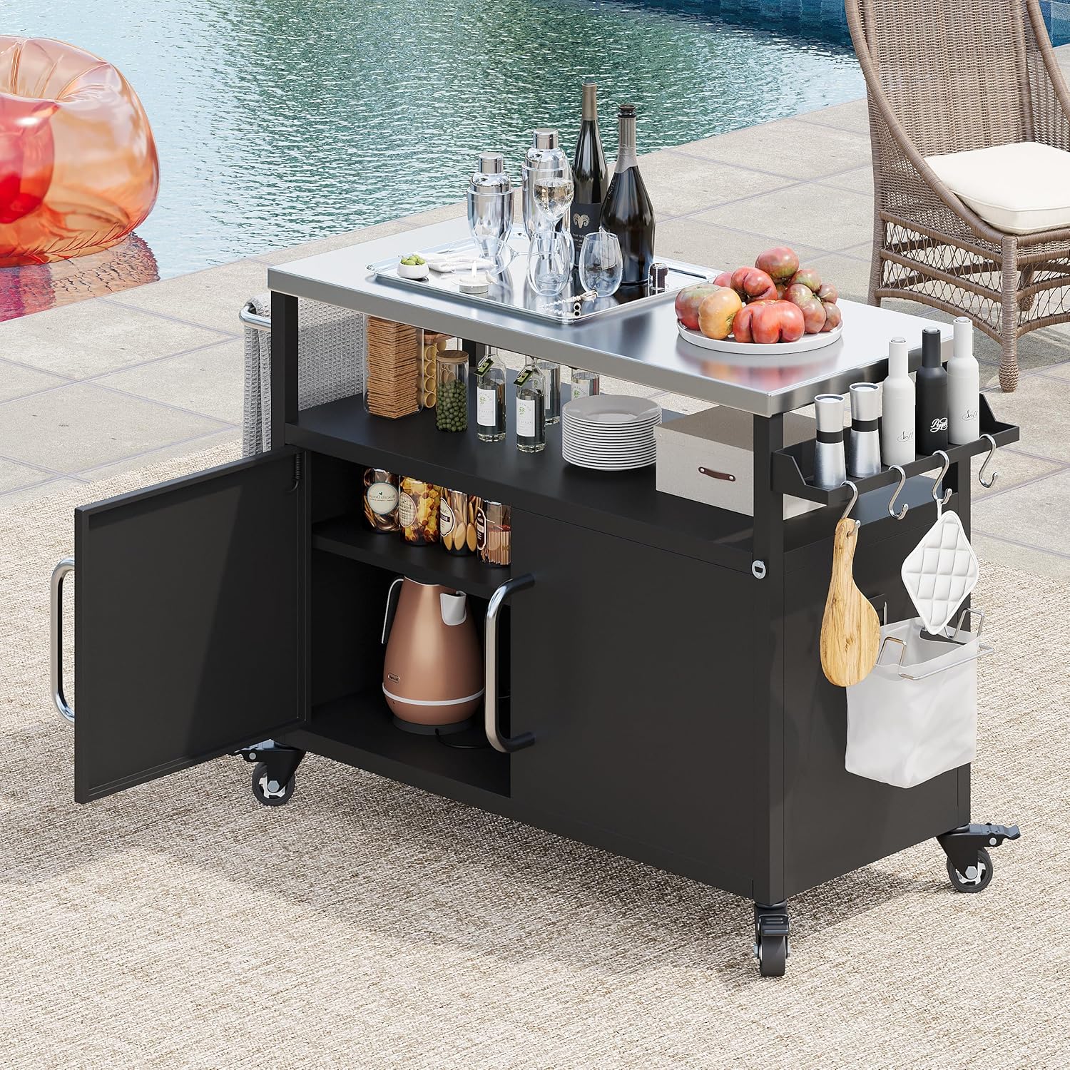 Metal Grill Cart Table with Movable Universal Wheels and Stainless Steel Top
