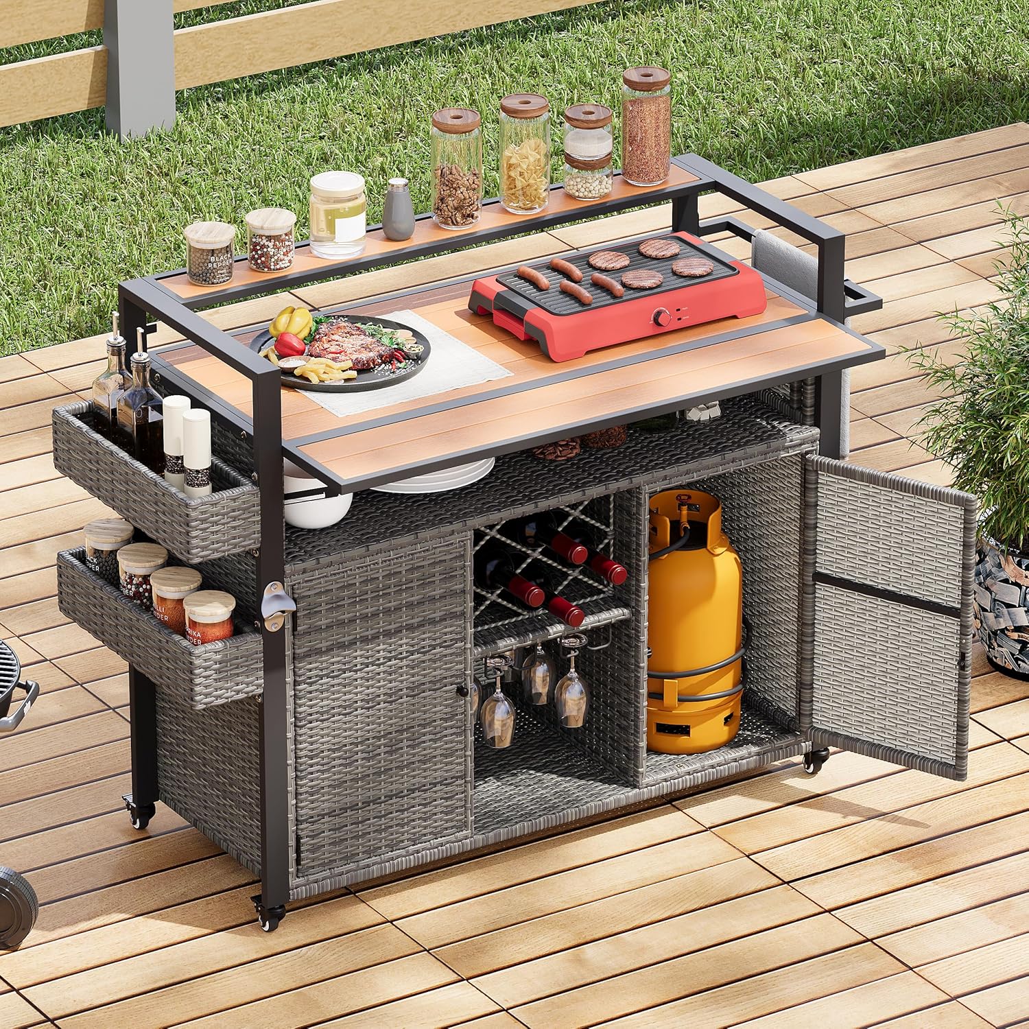 52.8" Outdoor Grill Cart with Storage Cabinet, Wicker Outdoor Kitchen Prep Station with Wheels