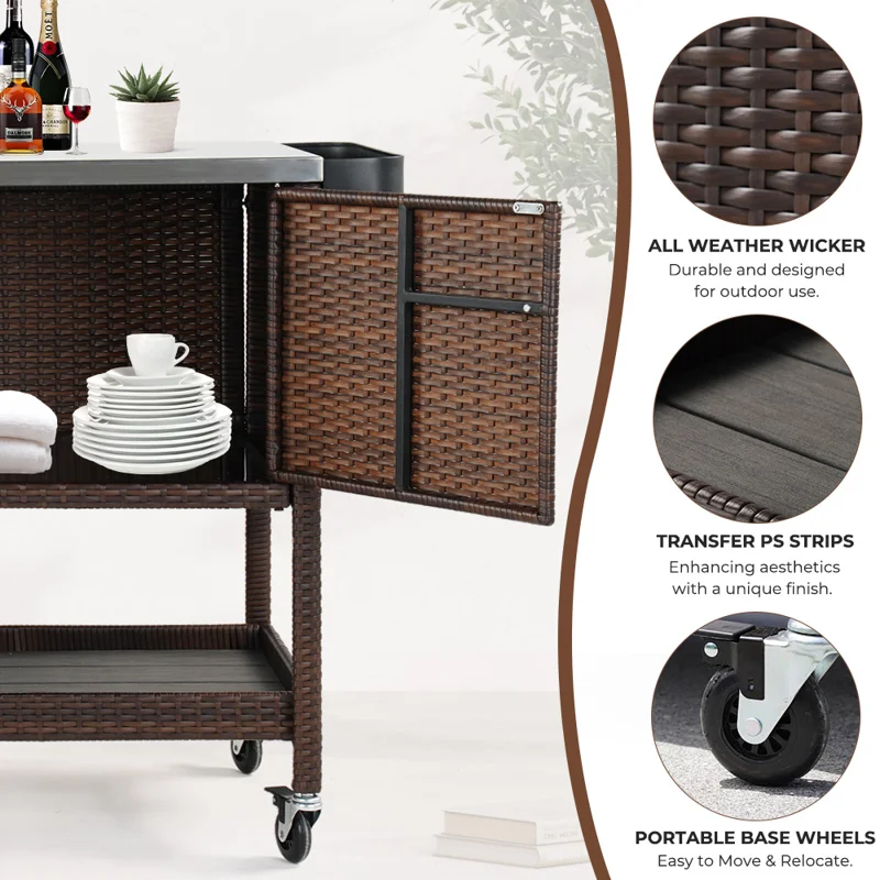 Multi-Function Stainless Steel & PE Wicker Outdoor Serving Cart with Hooks