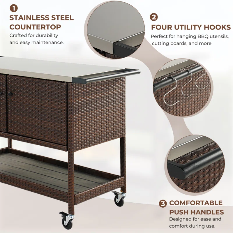 Multi-Function Stainless Steel & PE Wicker Outdoor Serving Cart with Hooks