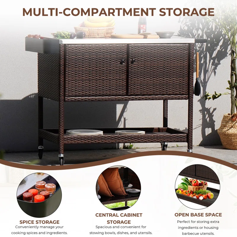 Multi-Function Stainless Steel & PE Wicker Outdoor Serving Cart with Hooks