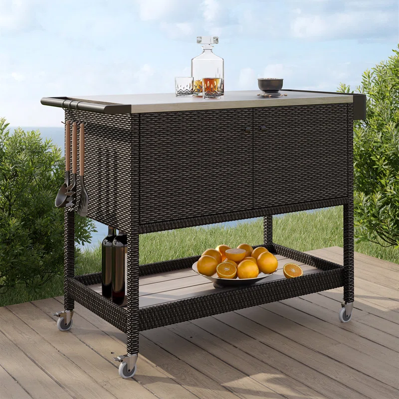 Multi-Function Stainless Steel & PE Wicker Outdoor Serving Cart with Hooks
