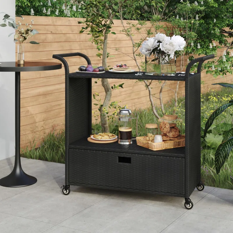 Outdoor Bar Cart 2-Tier Serving Cart Rolling Utility Cart PE Rattan