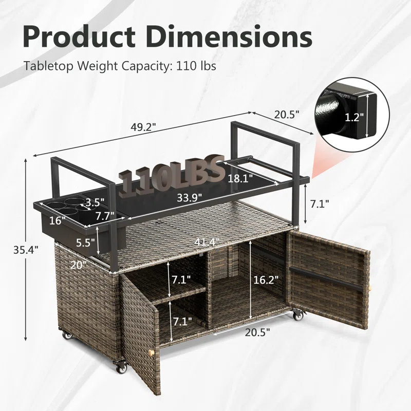 Versatile Outdoor Wicker Mobile Food Cart with Tempered Glass Top and Storage Cabinet