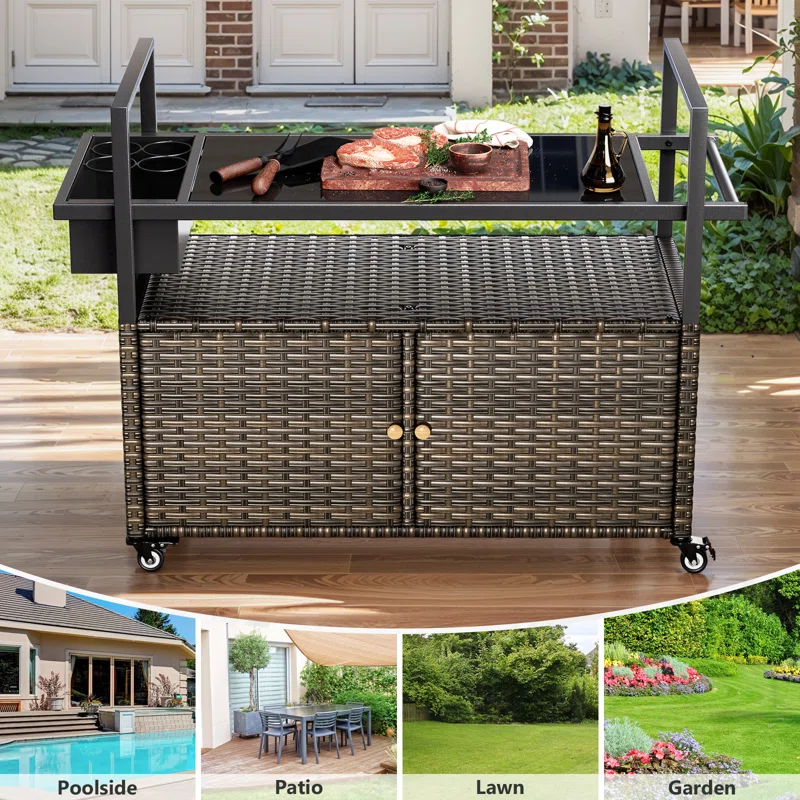 Versatile Outdoor Wicker Mobile Food Cart with Tempered Glass Top and Storage Cabinet