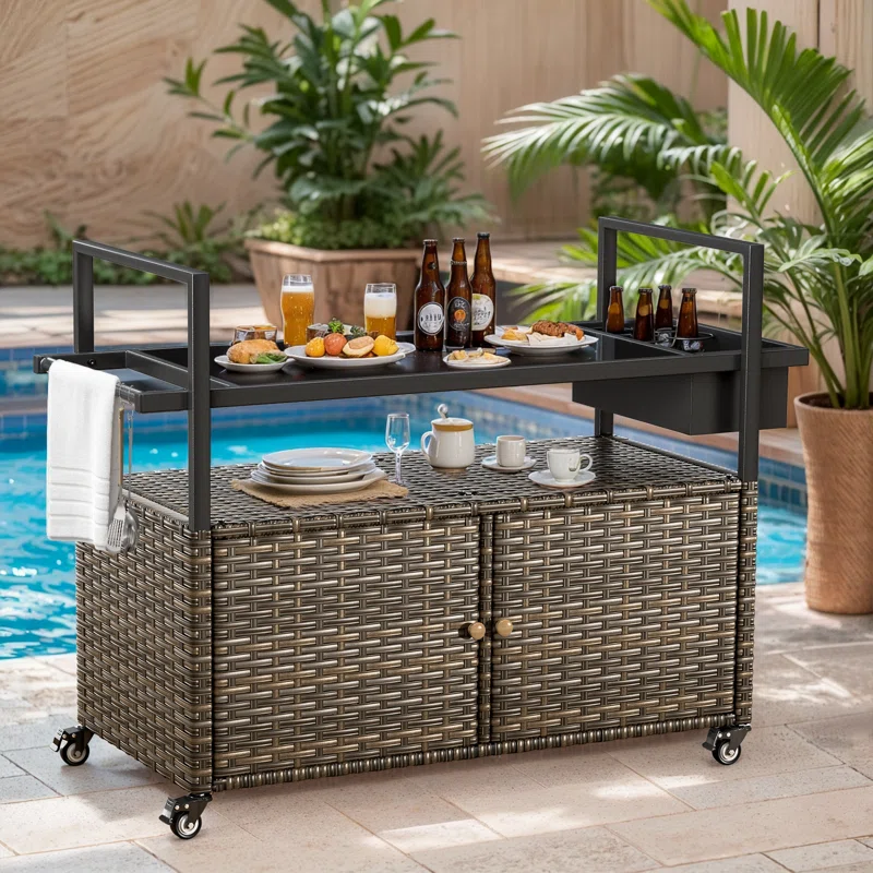 Versatile Outdoor Wicker Mobile Food Cart with Tempered Glass Top and Storage Cabinet