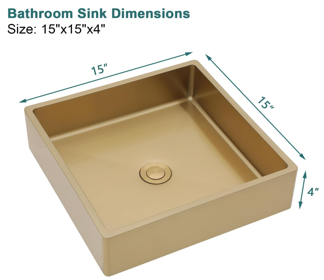 24" Gold Bathroom Vessel Sink 16 Gauge Nano Titanium Plating Rectangle Vessel Sink