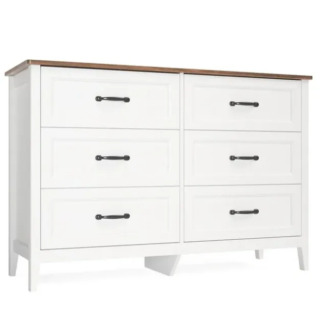 Lofka 6 Drawer Dresser for Bedroom, Chests of Drawers for Living Room, White+Rustic Brown