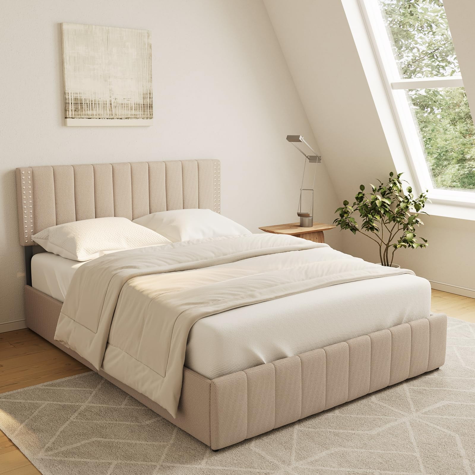 Lofka Queen Contemporary Fabric And Wood Platform Bed with Storage