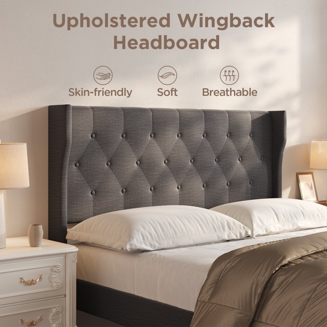 Queen Bed Frame with Upholstered Wingback Headboard and Velcro Assembly Design