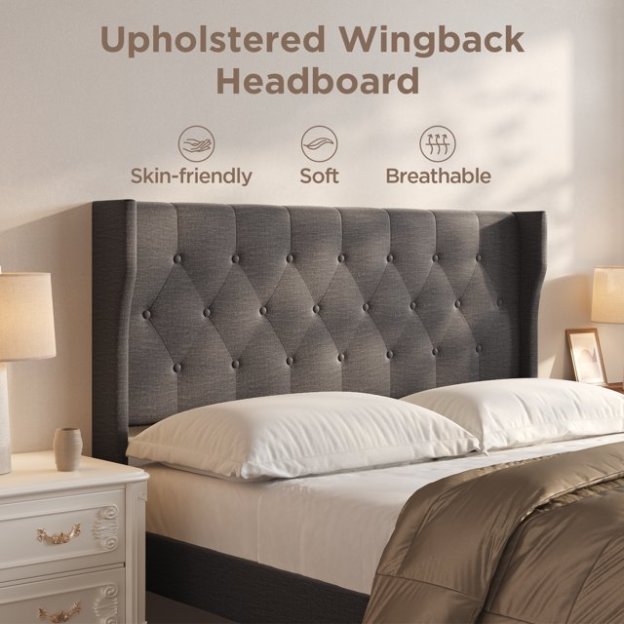 Queen Bed Frame with Upholstered Wingback Headboard and Velcro Assembly Design