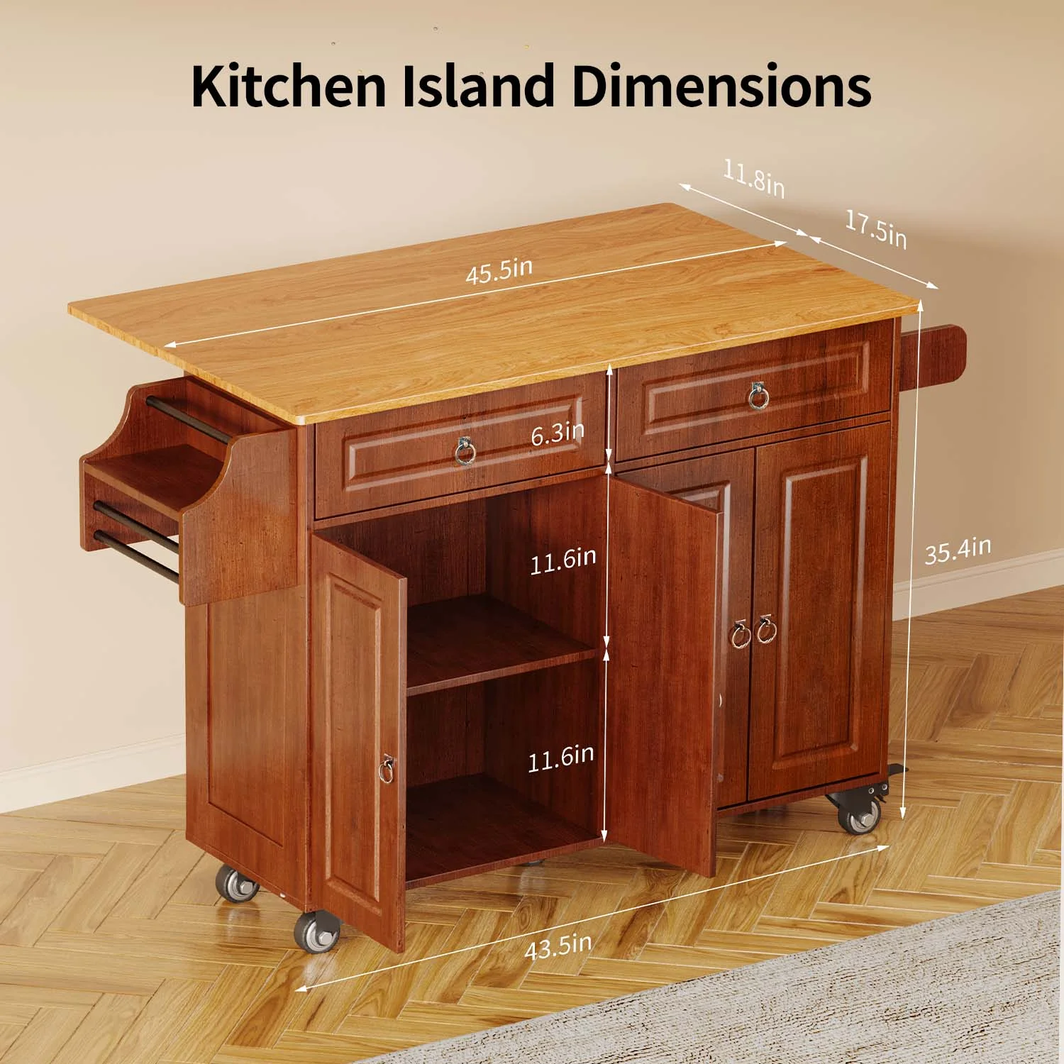 Lofka 52" Kitchen Islands Cart with Wood Drop Leaf and Lockable Wheels