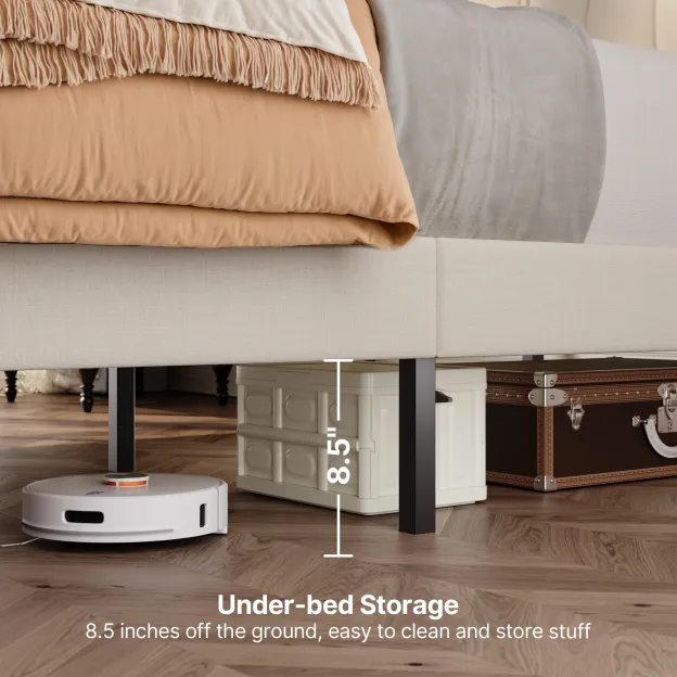 Lofka Queen Bed Frame with Upholstered Headboard - Beige Fabric, Modern Bedroom Furniture