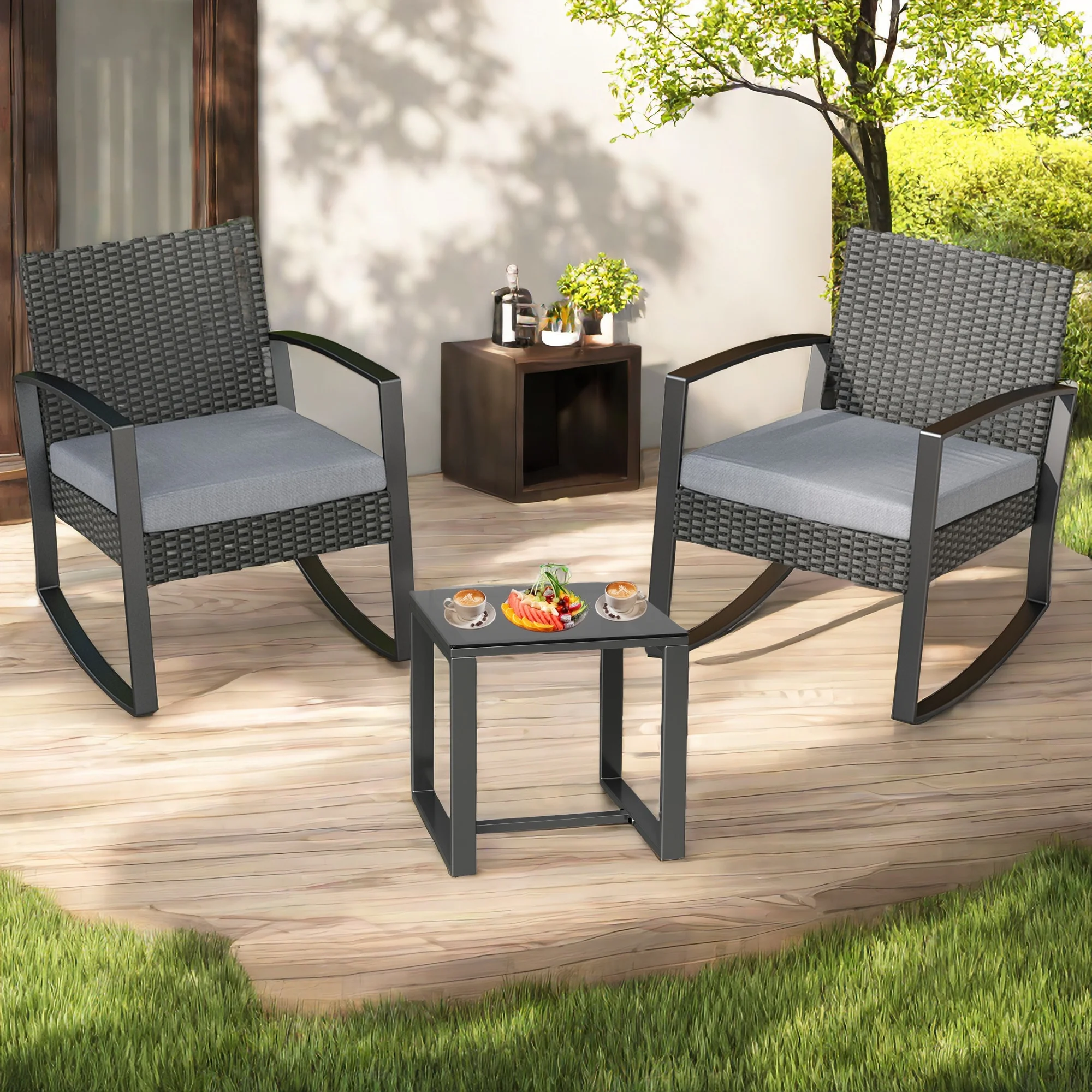 Lofka 3 Pieces Outdoor Rocking Chairs Set with Glass Coffee Table