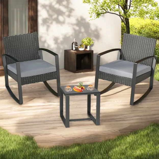 Lofka 3 Pieces Outdoor Rocking Chairs Set with Glass Coffee Table