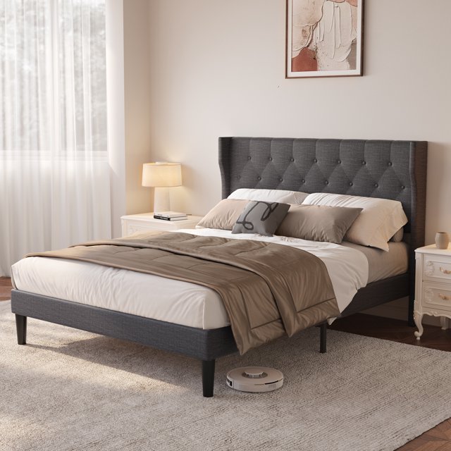 Queen Bed Frame with Upholstered Wingback Headboard and Velcro Assembly Design