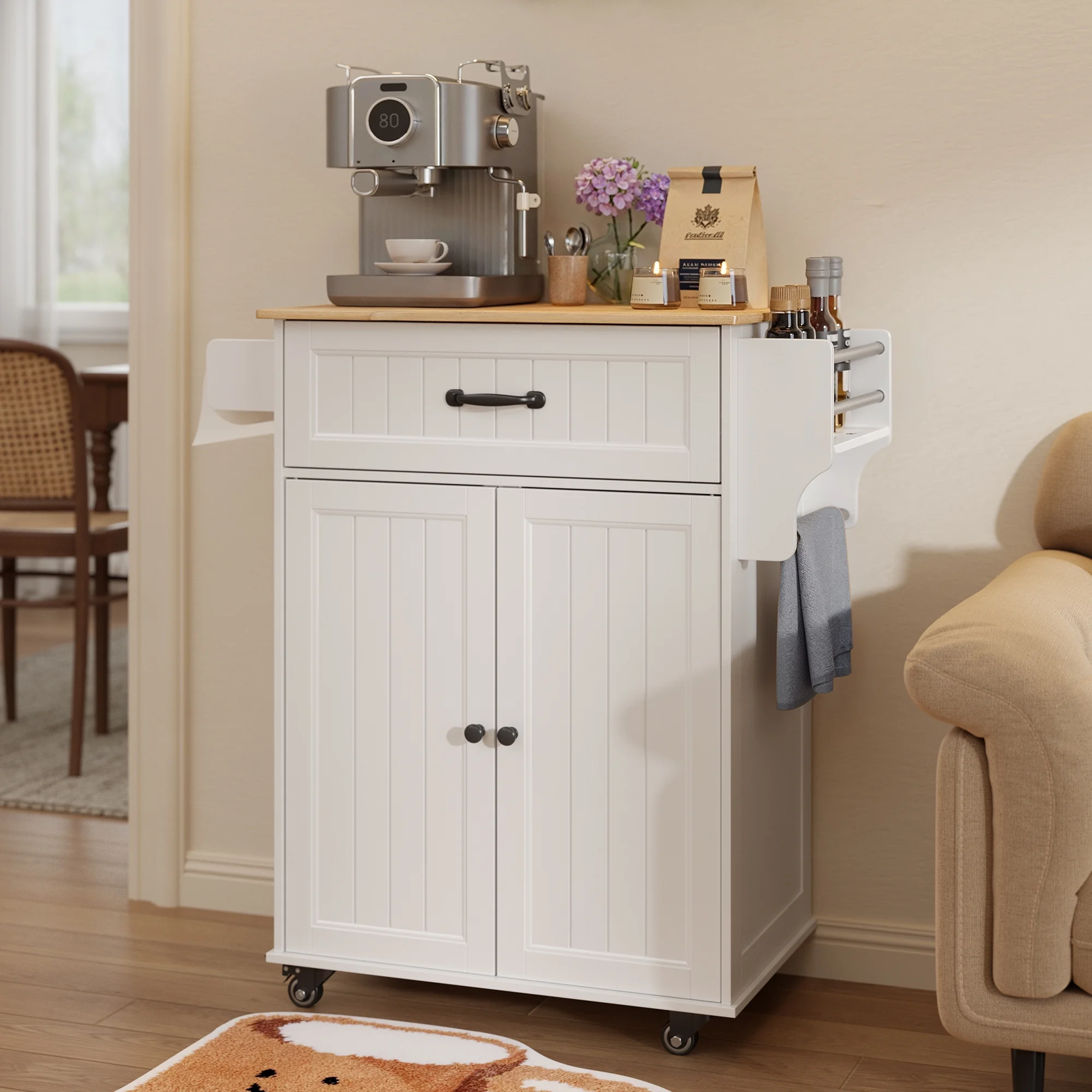 Lofka Kitchen Island Cart with Storage, Microwave Stand with Spice Rack, Towel Rack, Adjustable Shelf, 1 Drawer, White