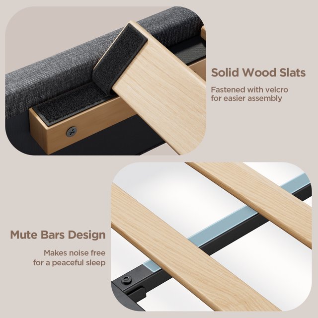 Queen Bed Frame with Upholstered Wingback Headboard and Velcro Assembly Design