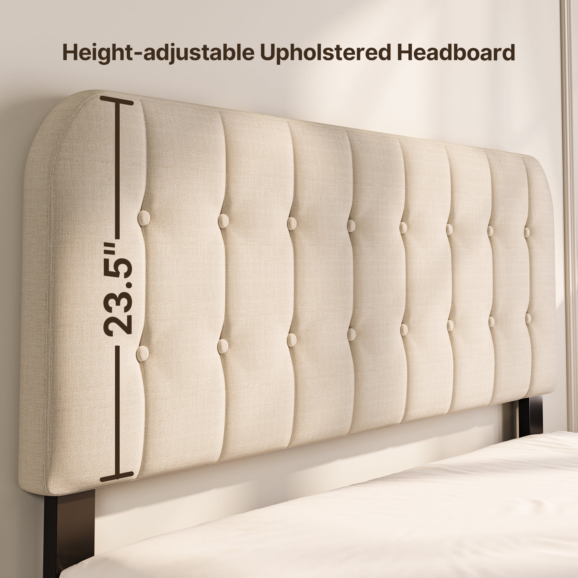 Lofka Queen Bed Frame with Upholstered Headboard - Beige Fabric, Modern Bedroom Furniture