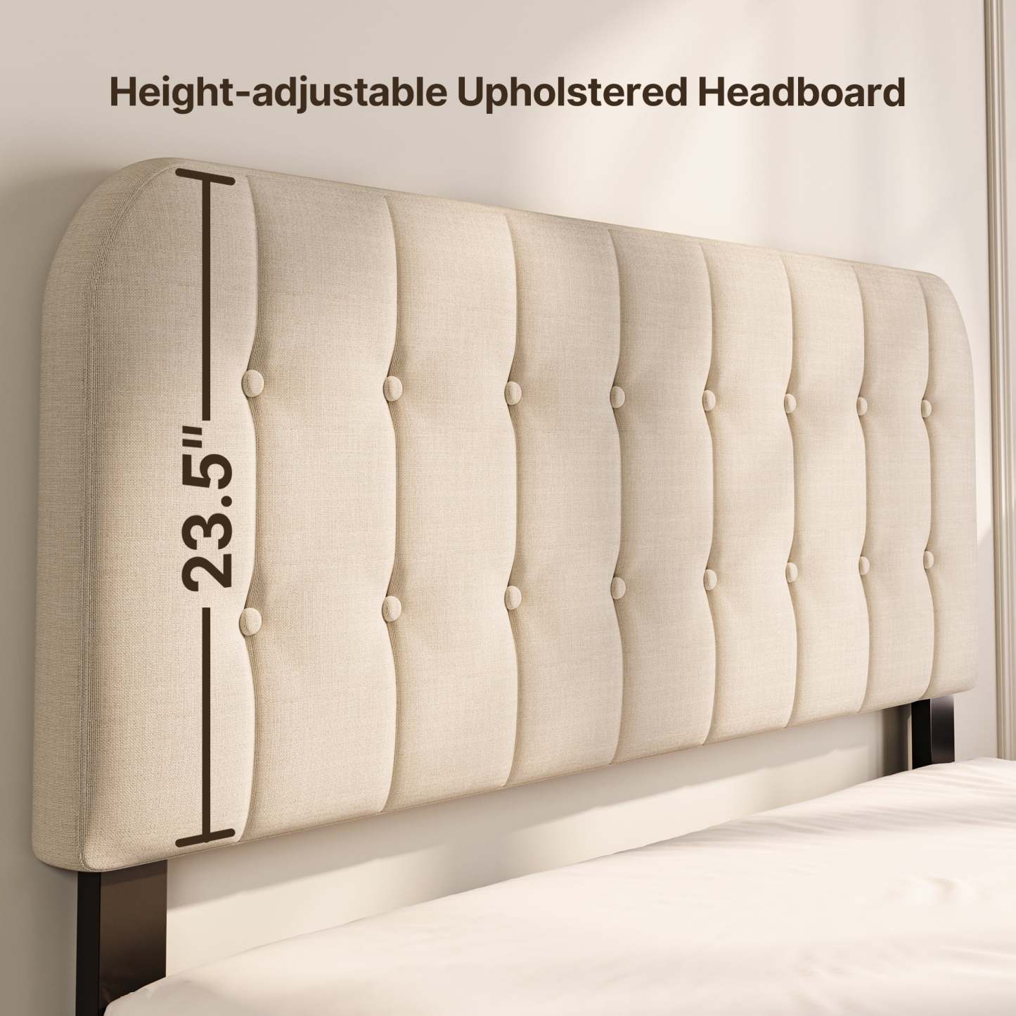 Lofka Queen Bed Frame with Upholstered Headboard - Beige Fabric, Modern Bedroom Furniture