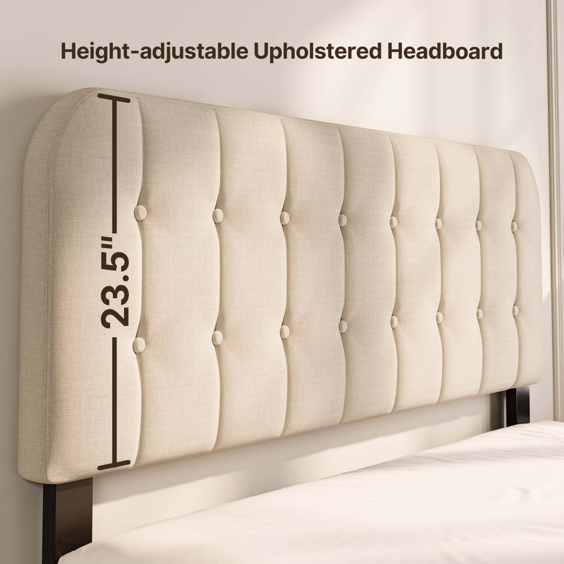 Lofka Queen Bed Frame with Upholstered Headboard - Beige Fabric, Modern Bedroom Furniture