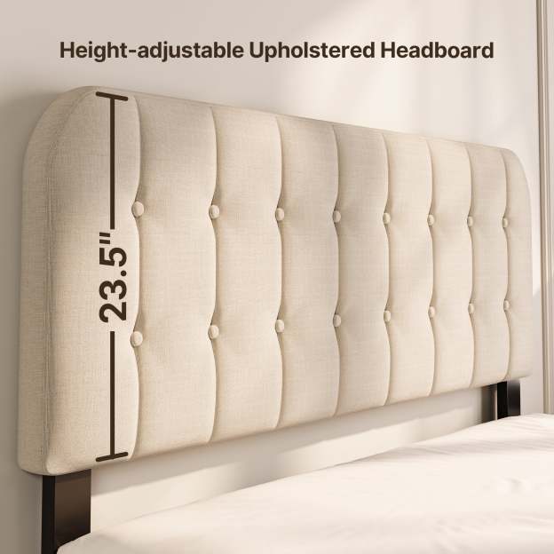 Lofka Queen Bed Frame with Upholstered Headboard - Beige Fabric, Modern Bedroom Furniture