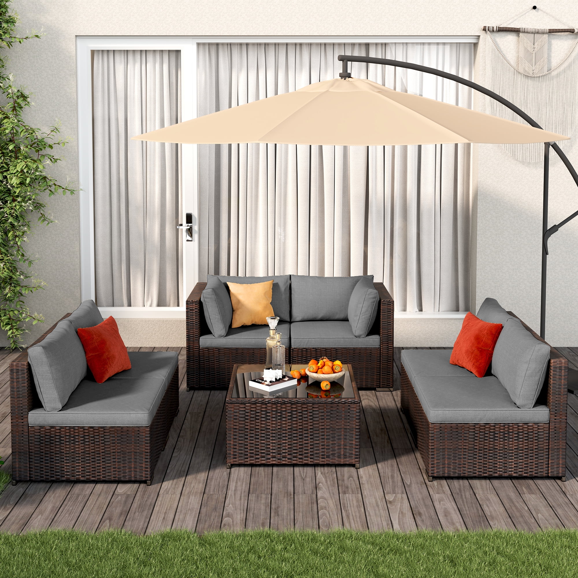 7-Piece Wicker Sectional Outdoor Sofa Set with Glass Table & Water-Resistant Cushions, All-Weather PE Rattan