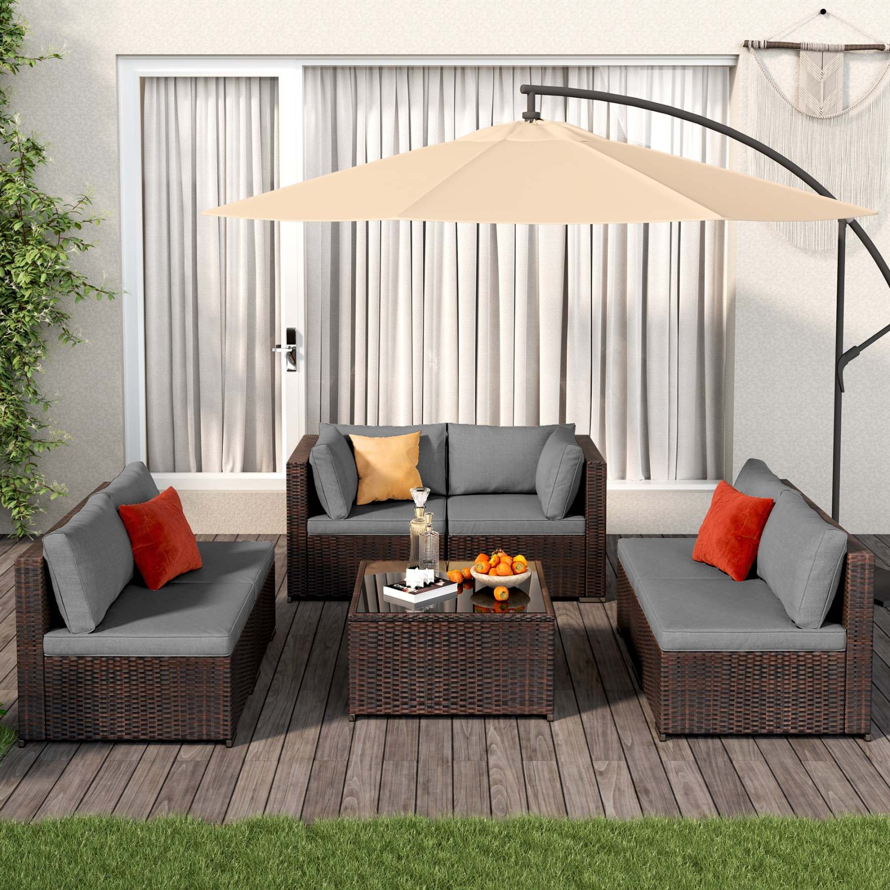 7-Piece Wicker Sectional Outdoor Sofa Set with Glass Table & Water-Resistant Cushions, All-Weather PE Rattan