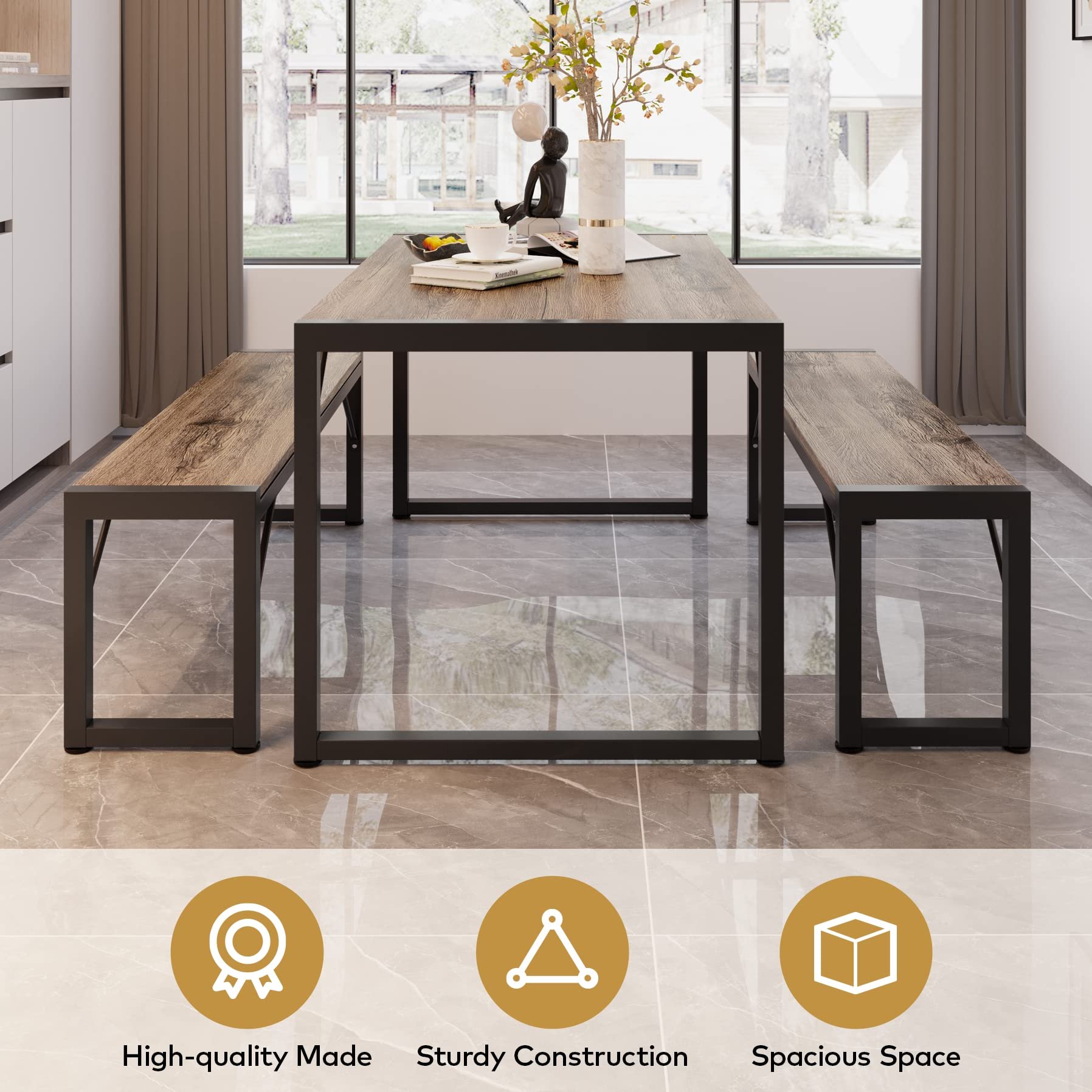 Lofka Dining Table Set for 4, Kitchen Table with 2 Benches, Grey