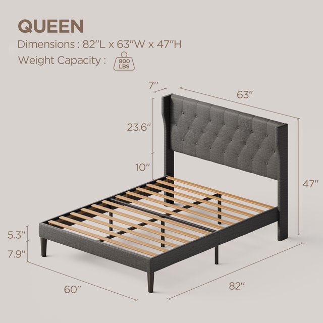 Queen Bed Frame with Upholstered Wingback Headboard and Velcro Assembly Design
