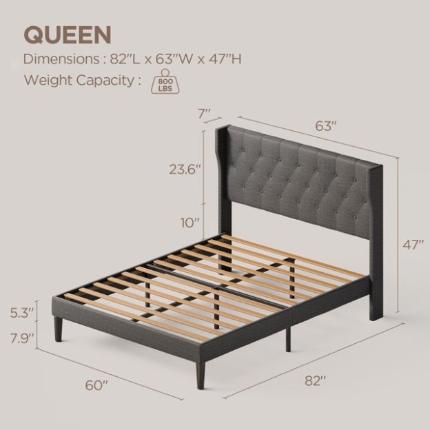 Queen Bed Frame with Upholstered Wingback Headboard and Velcro Assembly Design