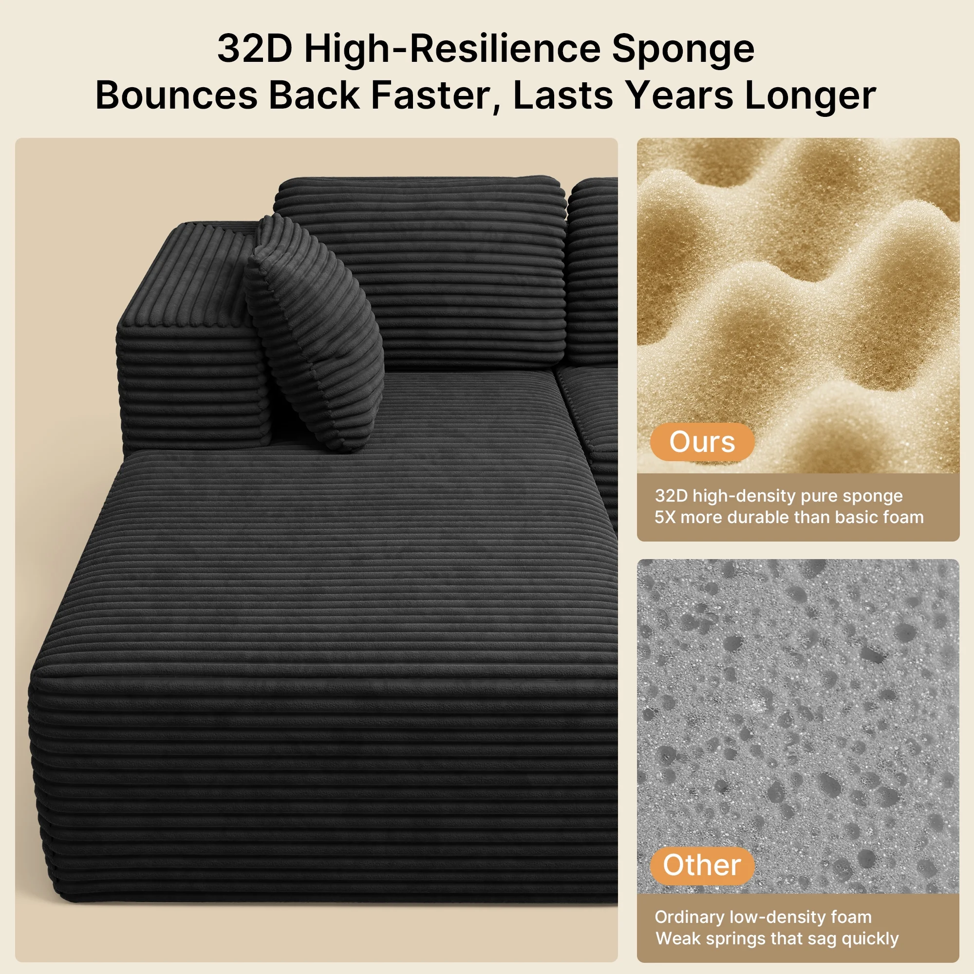 Lofka 105" Cloud Boneless Couch with L-Shape Chaise, No-Assembly Corduroy Couches for Living Room