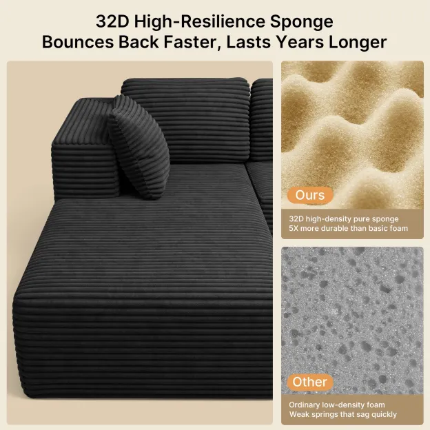 Lofka 105" Cloud Boneless Couch with L-Shape Chaise, No-Assembly Corduroy Couches for Living Room