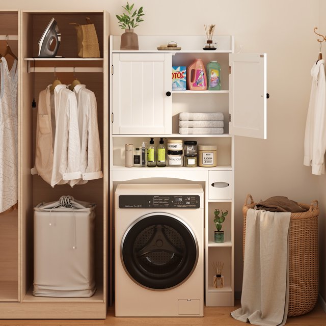 Lofka Over The Toilet Storage Cabinet, 32.3" Free Standing Storage Cabinet Over Toilet with Doors