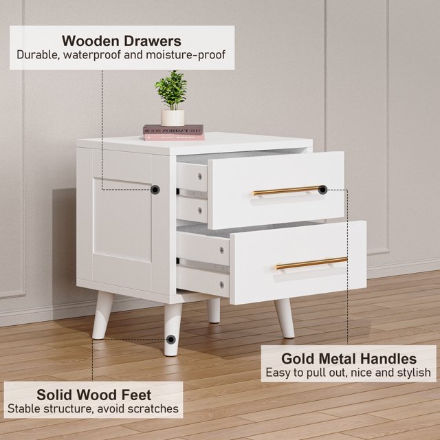 Lofka Night Stand 2 Drawer for Bedroom, Nightstand Bedside Table with Gold Handle