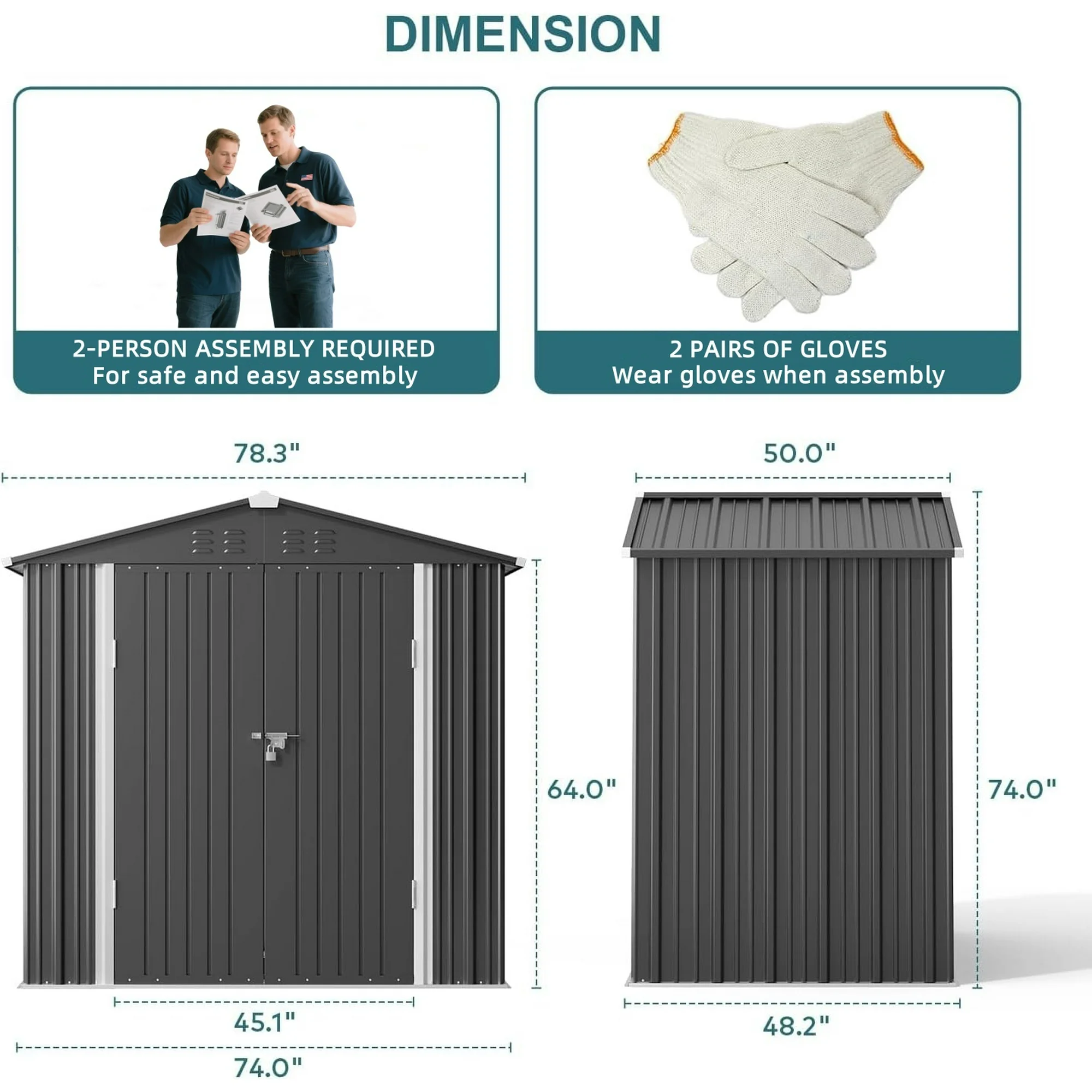 Lofka 6 x 4 FT Galvanized Metal Outdoor Storage Shed with Double Lockable Doors and Air Vents for Patio